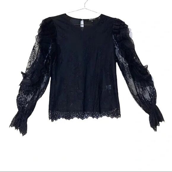 Sweet Rain Women’s Black Floral Lace Ruffle Long Sleeve Top Blouse Shirt Small - Picture 2 of 8
